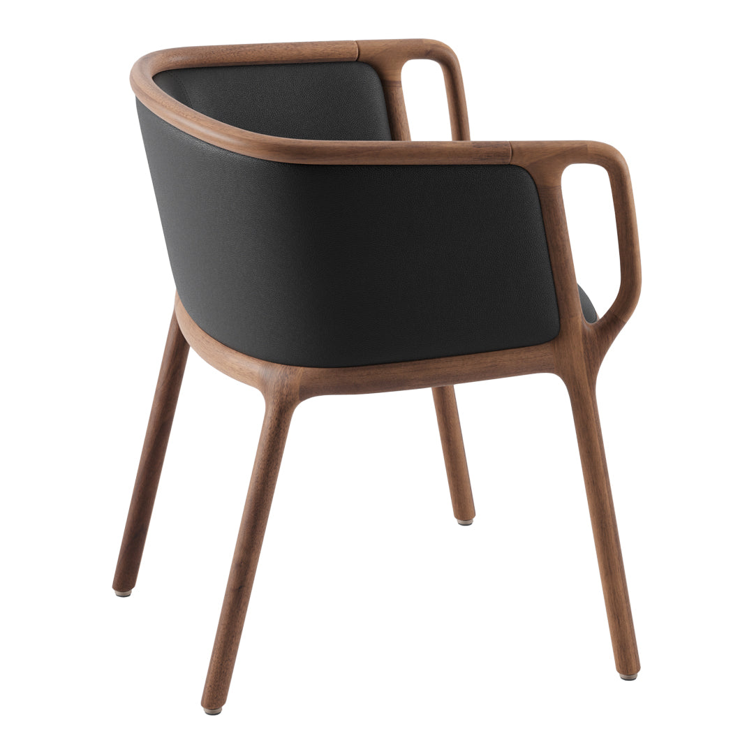 Stylish black upholstered chair with a sleek walnut wood frame and curved design, ideal for modern decor.