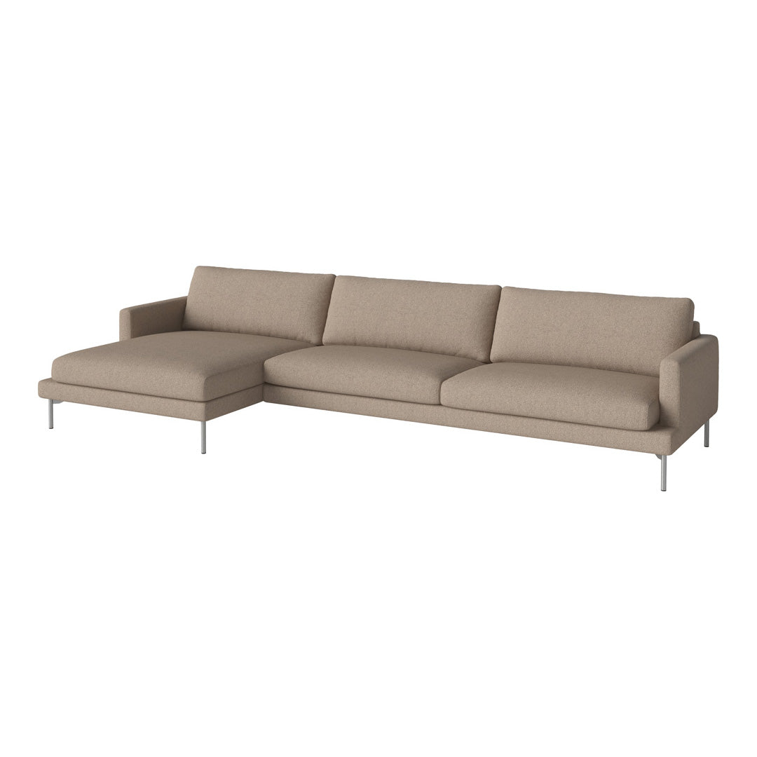 Beige sectional sofa with smooth fabric and minimalist design, featuring a subtle, solid color pattern.