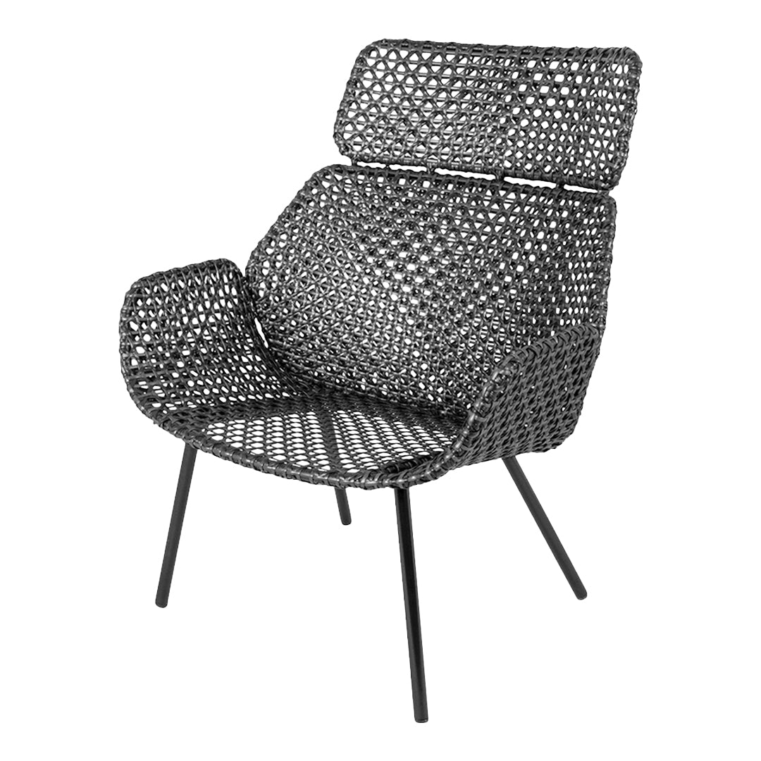 Black woven chair with a geometric pattern and sleek metal legs, perfect for modern decor.
