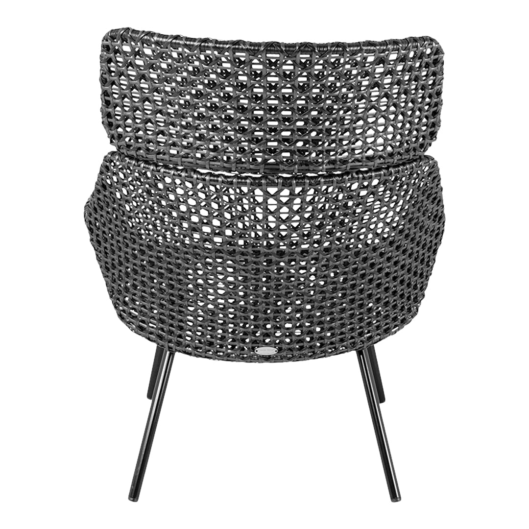 Black woven chair with intricate, textured patterns and sleek metal legs for a modern look.