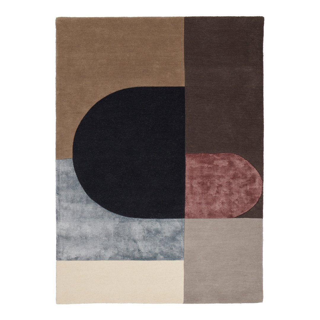 Multicolor area rug featuring geometric shapes in brown, black, pink, gray, and beige tones. Modern design elements.