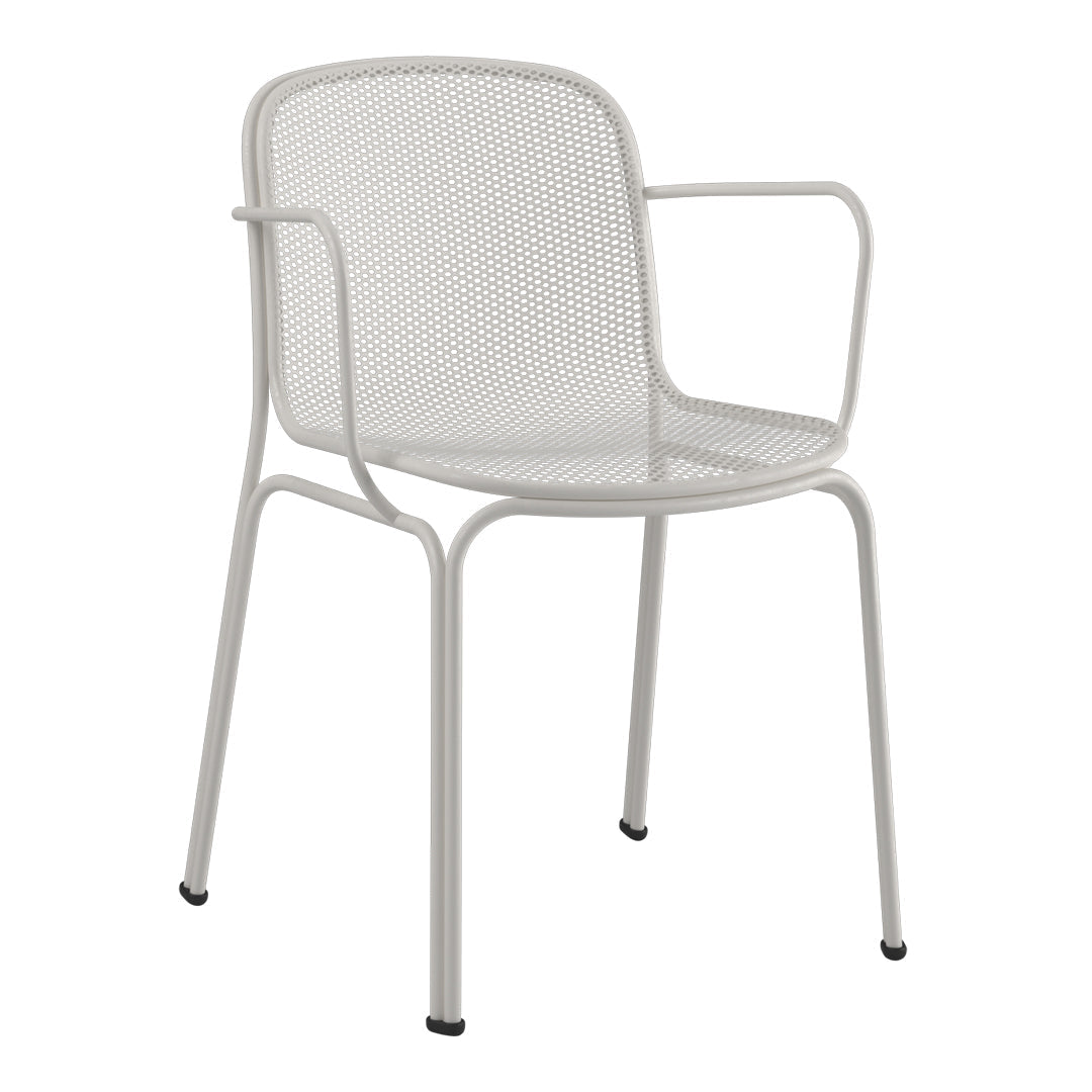 White mesh patio chair with a modern design and sleek metallic frame, perfect for outdoor spaces.