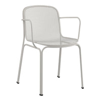 White mesh patio chair with a modern design and sleek metallic frame, perfect for outdoor spaces.