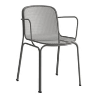 Gray mesh patio chair with a minimalist design and smooth metal frame. Perfect for modern outdoor spaces.