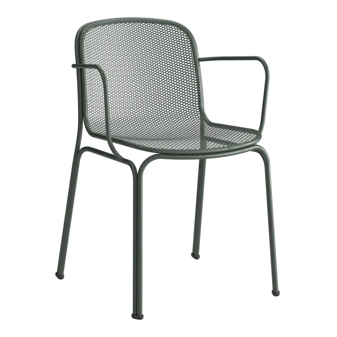 Green mesh dining chair with sleek, minimalist design and sturdy frame, perfect for outdoor or indoor use.