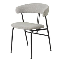 Gray upholstered chair with a textured surface and sleek black metal legs, featuring a minimalist, modern design.