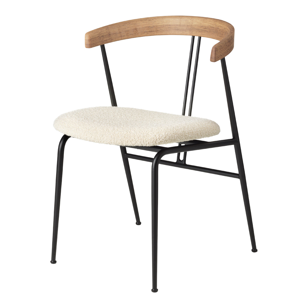 Minimalist chair featuring a warm wood backrest and a soft cream seat paired with a sleek black metal frame.