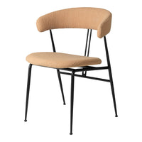 Minimalist beige chair with a smooth fabric seat and a sleek black metal frame, featuring a contemporary curved back.