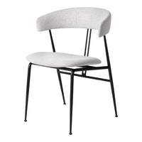 Light gray upholstered chair with a minimalist design and black metal legs, featuring a clean geometric pattern.
