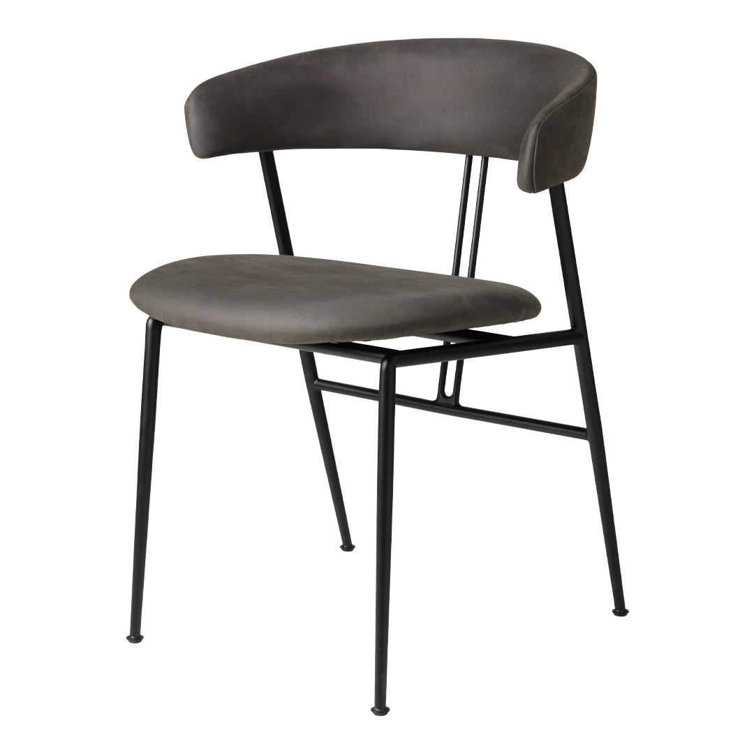 Modern gray chair with a sleek, minimalist design and black metal legs, featuring a smooth upholstered seat.