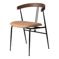 Brown wood backrest chair with a tan cushion and sleek black metal legs, showcasing a modern minimalist design.