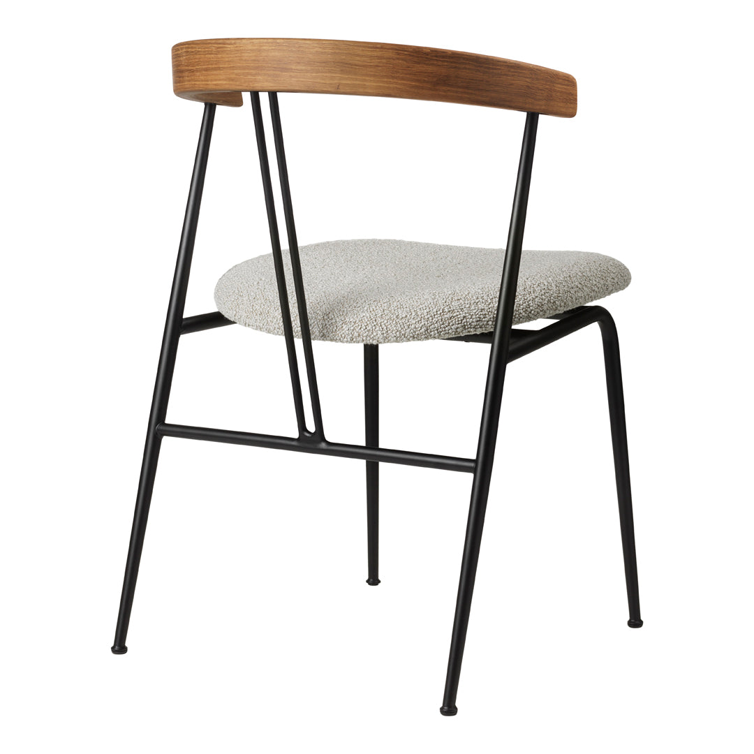 Modern chair featuring a warm wood backrest, grey textured cushion, and sleek black metal legs.