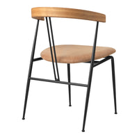 Modern chair featuring a natural wood backrest and a tan upholstered seat, complemented by sleek black metal legs.