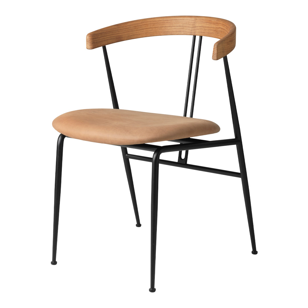 Modern chair with a natural wood seat and backrest, featuring sleek black metal legs. Minimalistic design with color contrast.