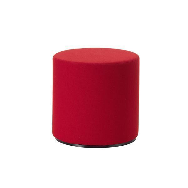 Bright red fabric round ottoman with a sleek black base, perfect for modern decor.