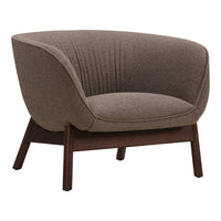 Brown upholstered chair with a textured pattern and dark wooden legs, offering a modern and cozy aesthetic.