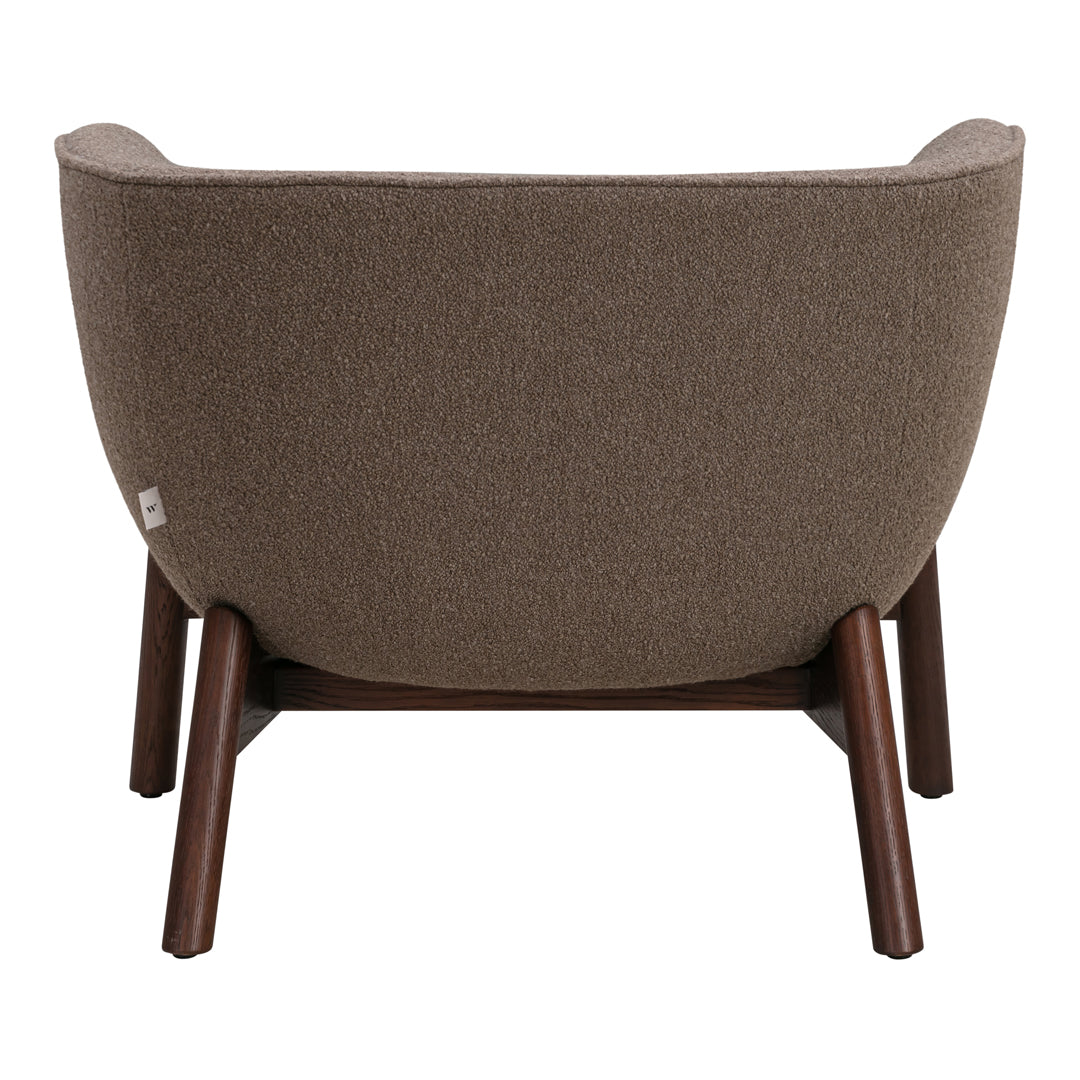 Brown upholstered chair with a textured finish and wooden legs, featuring a modern, minimalist design.