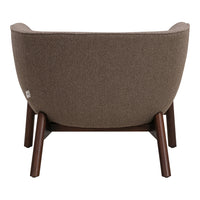 Brown upholstered chair with a textured finish and wooden legs, featuring a modern, minimalist design.