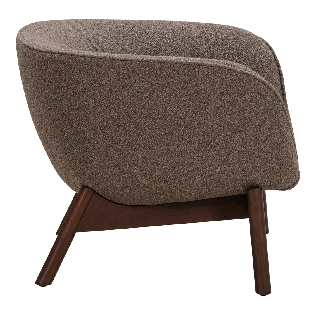 Cozy brown fabric armchair with a textured pattern and wooden legs, perfect for modern interiors.