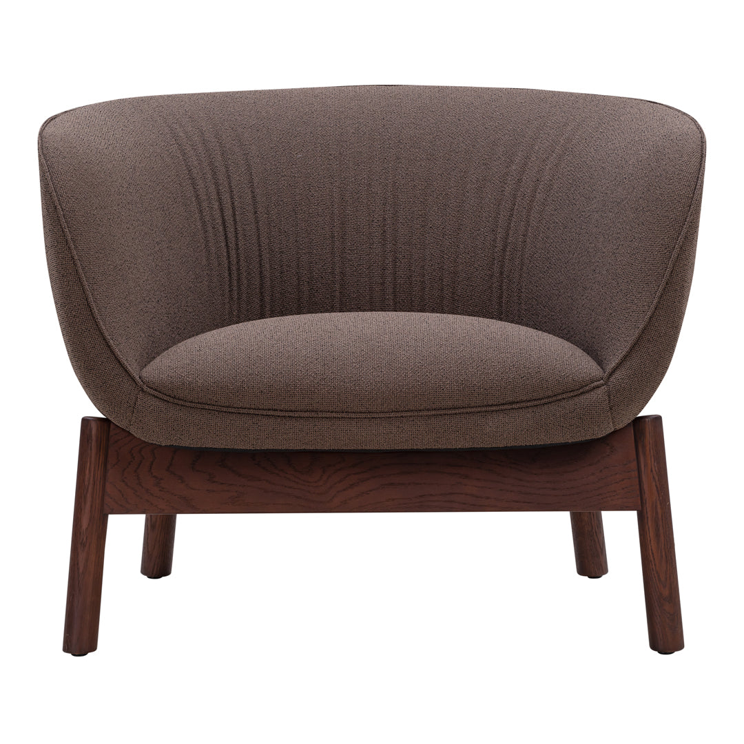 Brown upholstered armchair with subtle ribbed texture, featuring a sleek wooden base. Elegant modern design.