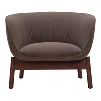 Brown upholstered armchair with subtle ribbed texture, featuring a sleek wooden base. Elegant modern design.