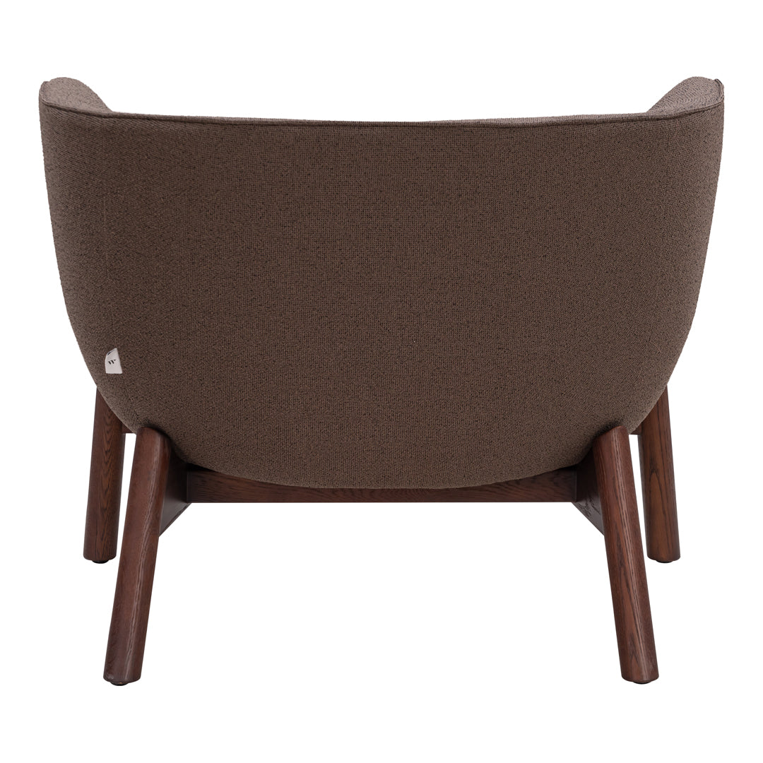 Brown upholstered armchair with a textured finish and dark wooden legs. Ideal for modern or contemporary decor.