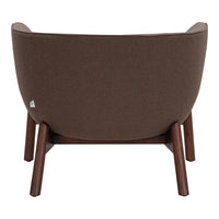 Brown upholstered armchair with a textured finish and dark wooden legs. Ideal for modern or contemporary decor.