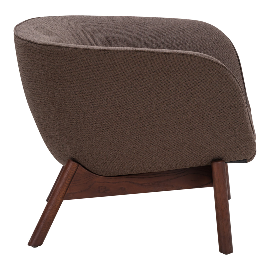 Brown upholstered chair with smooth fabric and wooden legs, featuring a modern, curved design.