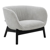 Gray upholstered armchair with subtle ribbed pattern and black wooden legs. Ideal for modern decor.