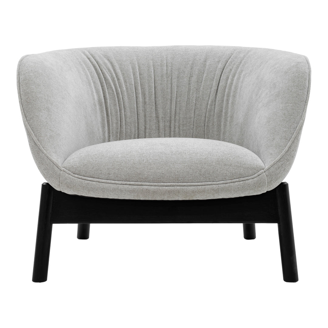 Light gray plush upholstered chair with vertical pleats and sleek black wooden legs. Modern and stylish accent piece.