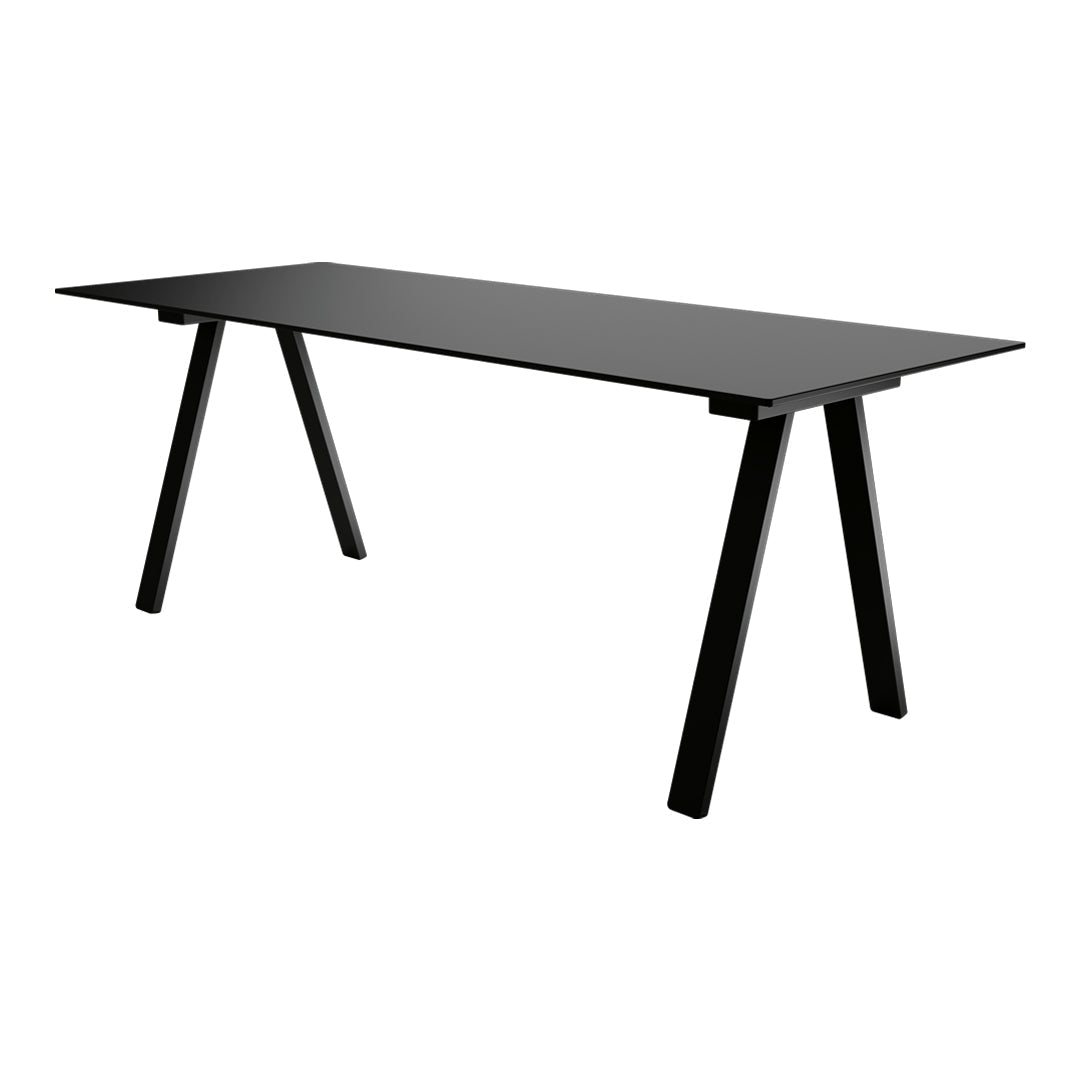 Sleek black rectangular table with minimalist design and angled legs, perfect for modern home or office decor.