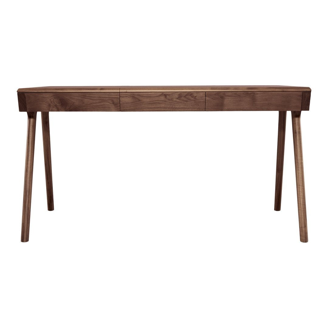 Elegant walnut desk with a smooth surface and minimalist design, featuring natural wood grain and a warm, rich color.