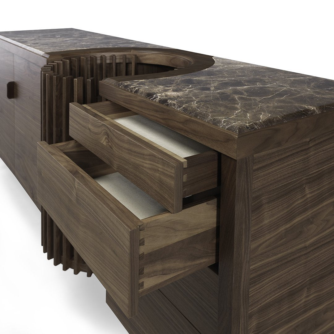 "Modern wood sideboard with a rich brown finish and textured dark marble top, featuring sleek, minimalist drawer design."
