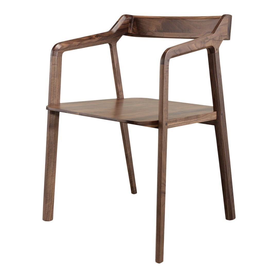 Wooden chair in a rich brown finish with a smooth, minimalist design and clean lines. Ideal for modern decor.