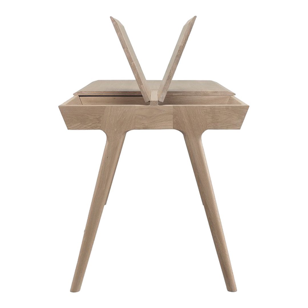 Light natural wood table with a minimalist design, featuring smooth surfaces and angled legs. Perfect for modern decor.