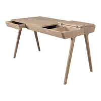 Light oak desk with clean lines, minimalistic design, and subtle grain pattern; features two functional drawers.
