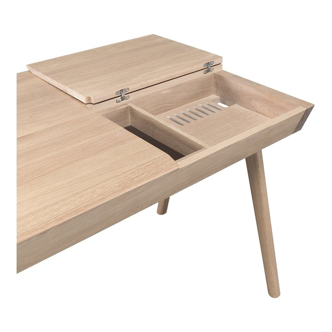 Light natural wood table with a smooth finish and minimalist design, featuring a hidden storage compartment.