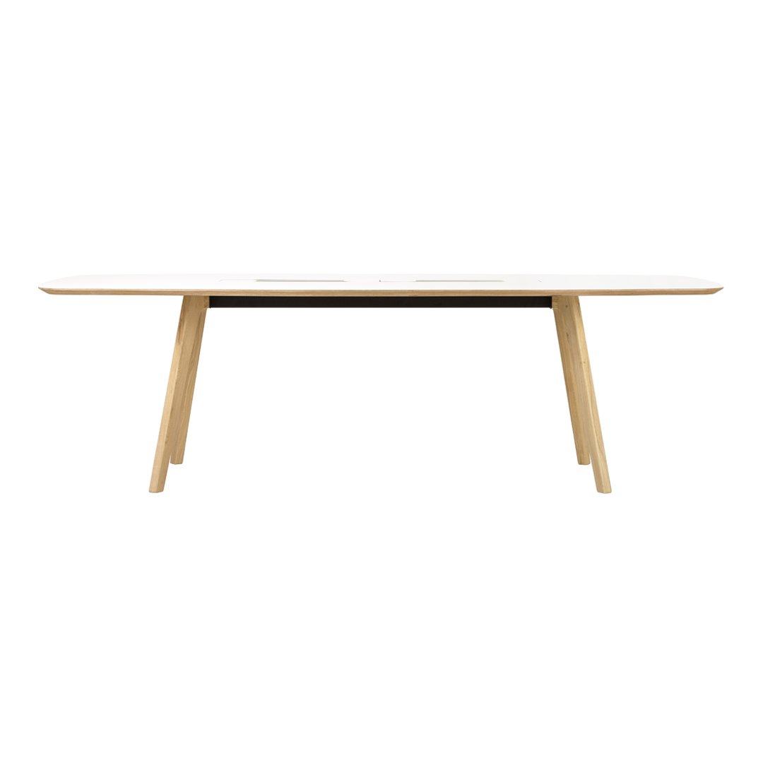 "Minimalist white tabletop with natural wood legs, showcasing a clean, modern aesthetic."