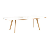 Modern white table with natural wood legs, featuring a sleek, minimalistic design for any contemporary space.