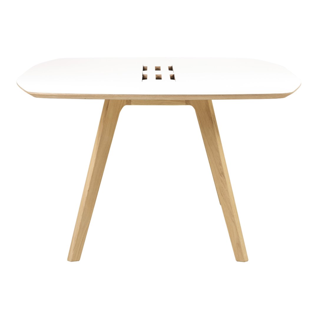 White tabletop with smooth edges, featuring wooden legs in a natural finish, simple and modern design.
