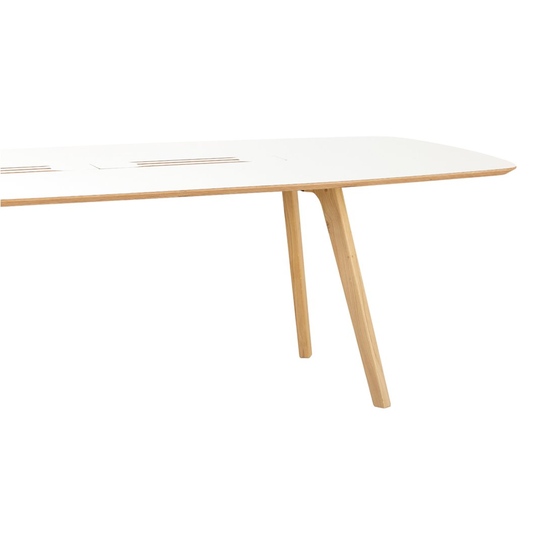 "Modern white tabletop with natural wood legs, featuring a smooth, minimalist design."