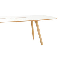 "Modern white tabletop with natural wood legs, featuring a smooth, minimalist design."