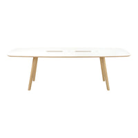 White rectangular dining table with natural wood legs, featuring smooth, minimalist design and elegant simplicity.