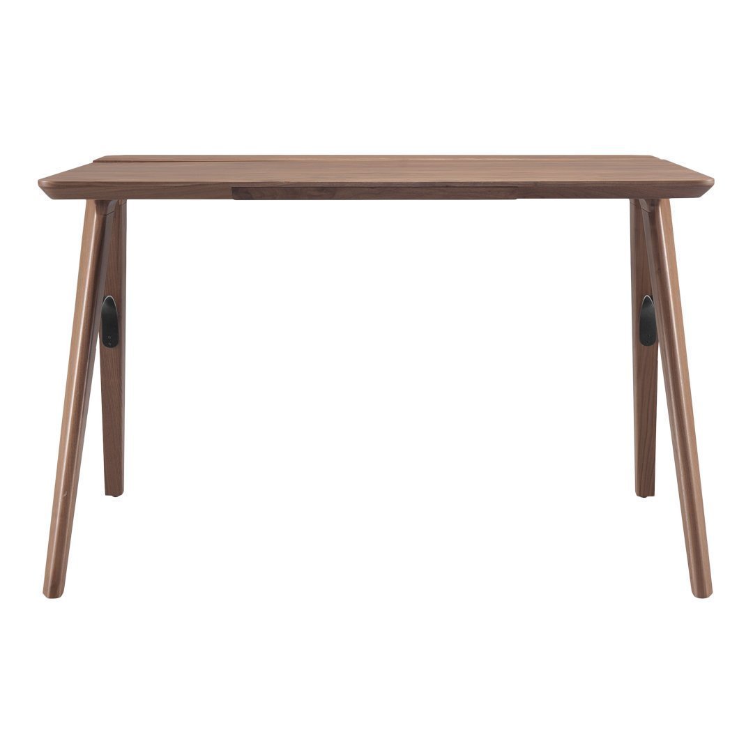 Wooden desk featuring a warm walnut finish and sleek, minimalist design. Perfect for modern spaces.