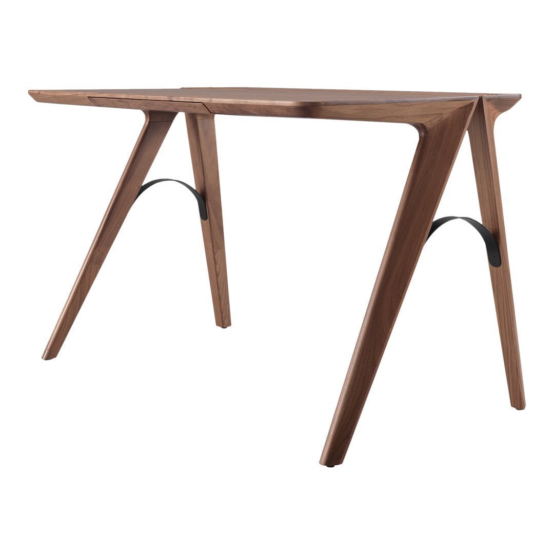 Stylish walnut wood table with smooth, rich brown tones and sleek, angular legs for a modern aesthetic.