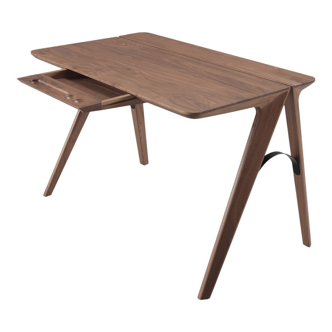 Wooden desk in a rich walnut finish with a smooth surface and sleek, angled legs. Minimalist design for modern spaces.