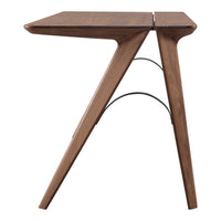 Stylish wooden side table in rich brown with sleek, modern lines and a minimalist design.
