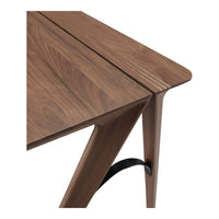 Walnut wood table corner with smooth, rich brown tones and sleek, angled legs. Stylish modern design with minimalist aesthetics.
