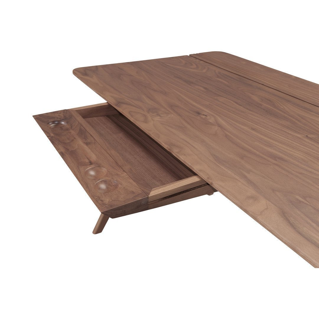 Walnut wood dining table with a smooth, rich brown finish and a sleek, minimalist design.