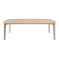 Light natural wood rectangular dining table with smooth, minimalist design and rounded edges. Ideal for modern interiors.